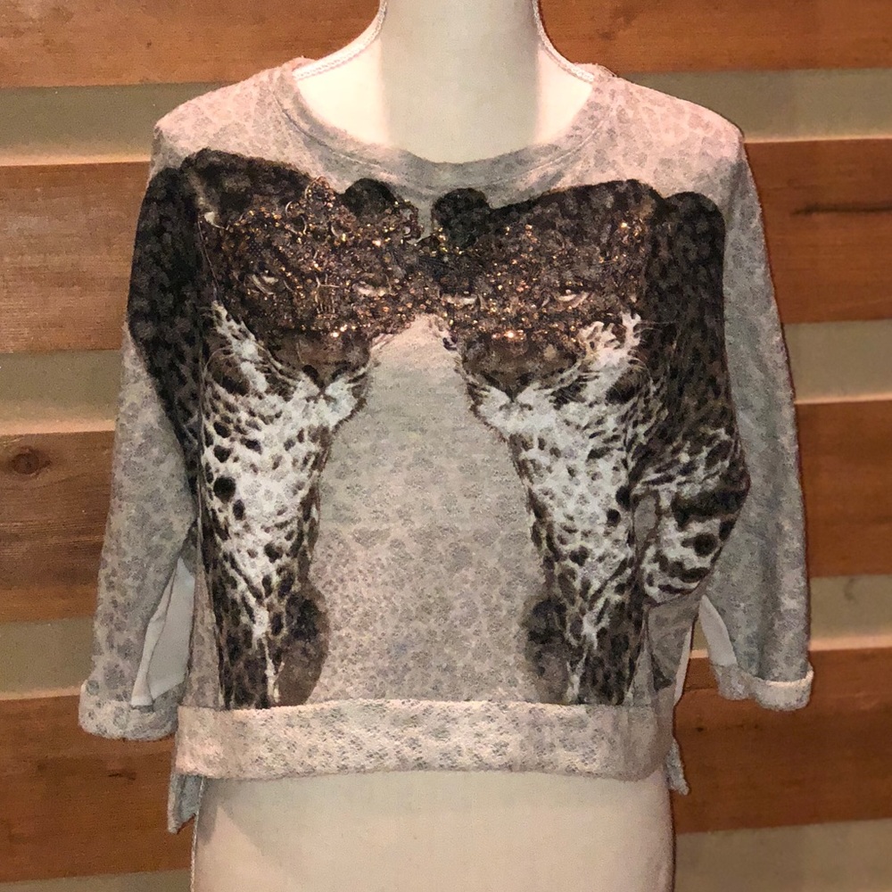 Bebe Sequined Panther Hi Low Pull Over Crop Top